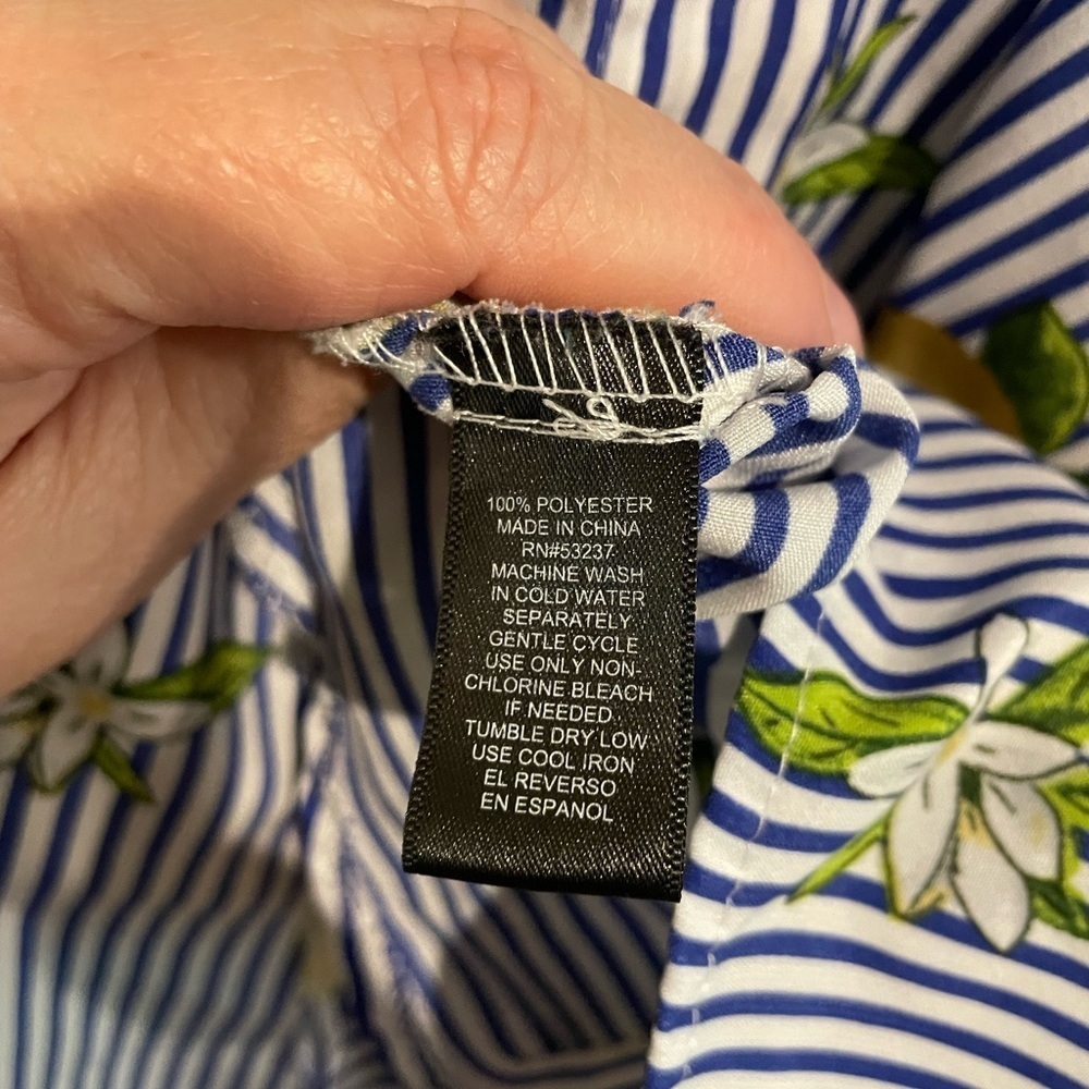 Navy and White Striped Sleeveless Shirt Dress with novelty lemon print.  Size S - Picture 4 of 5
